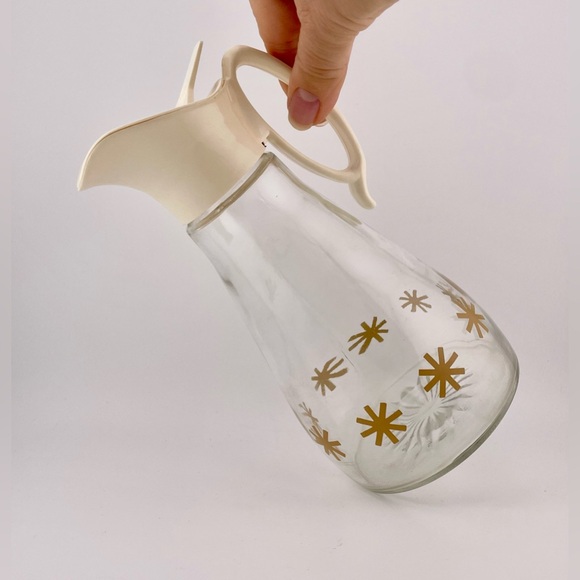 Vintage, Log Cabin Syrup Dispenser Clear Glass Gold with Atomic Starburst - Picture 3 of 9